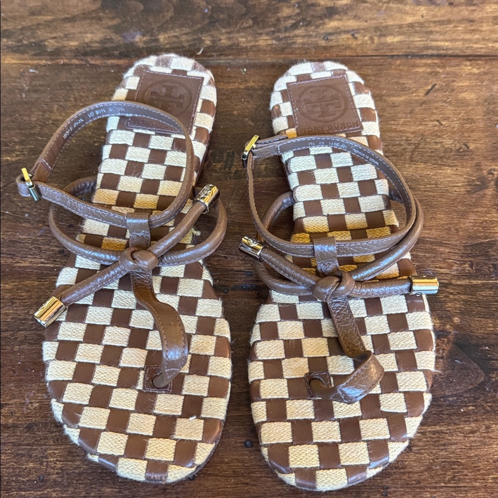 Tory Burch Brown and Cream Checkered Sandals